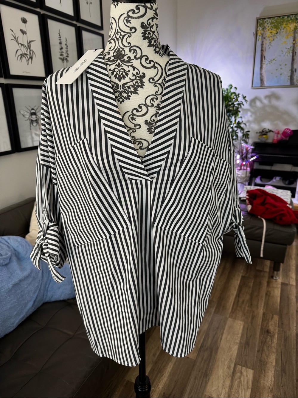 Calvin Klein Black & White Striped V-Neck Button-Down Shirt